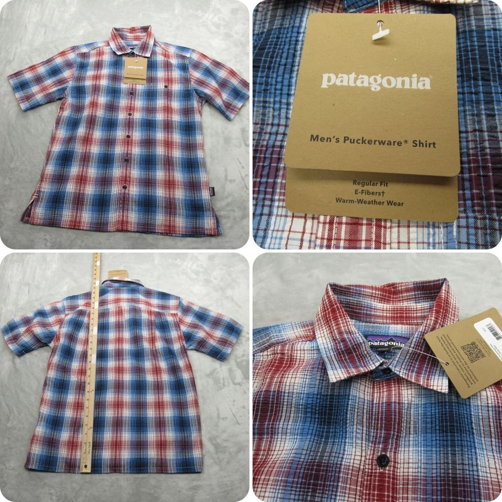 Patagonia Puckerware Shirt Mens XS Red Blue Plaid Seersucker Short Sleeve NEW
